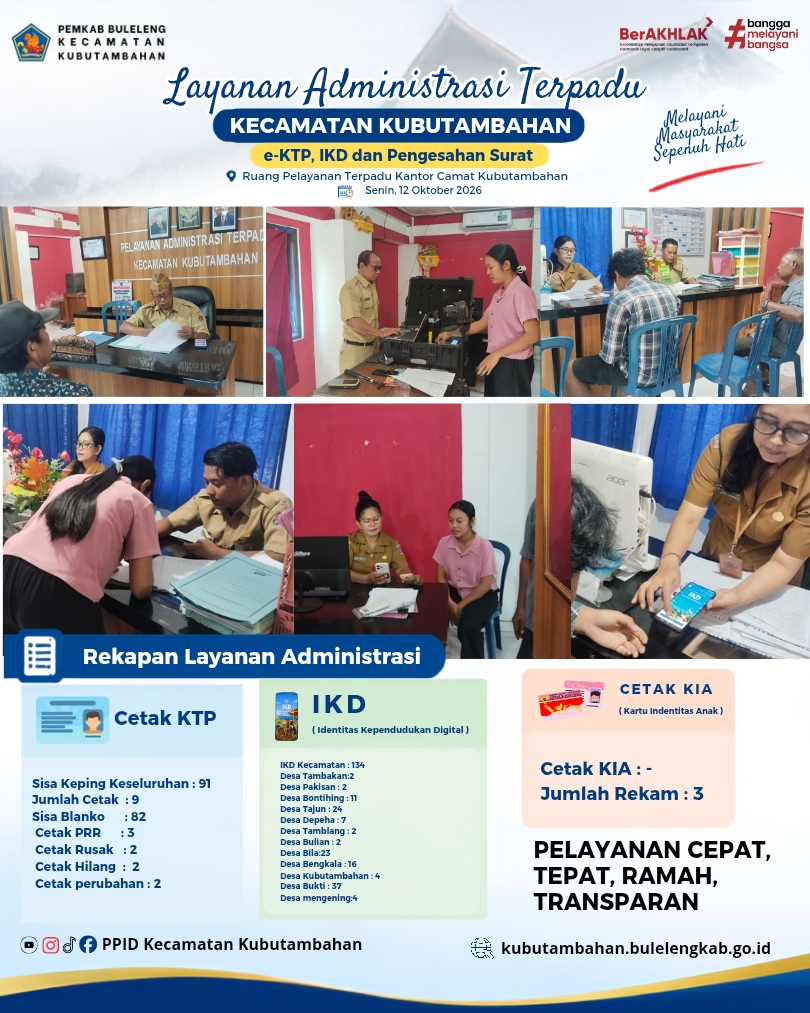 Layanan Administrasi Terpadu Kecamatan Kubutambahan yakni e-KTP, IKD dan Pengesahan Surat Edisi 12 Oktober 2026