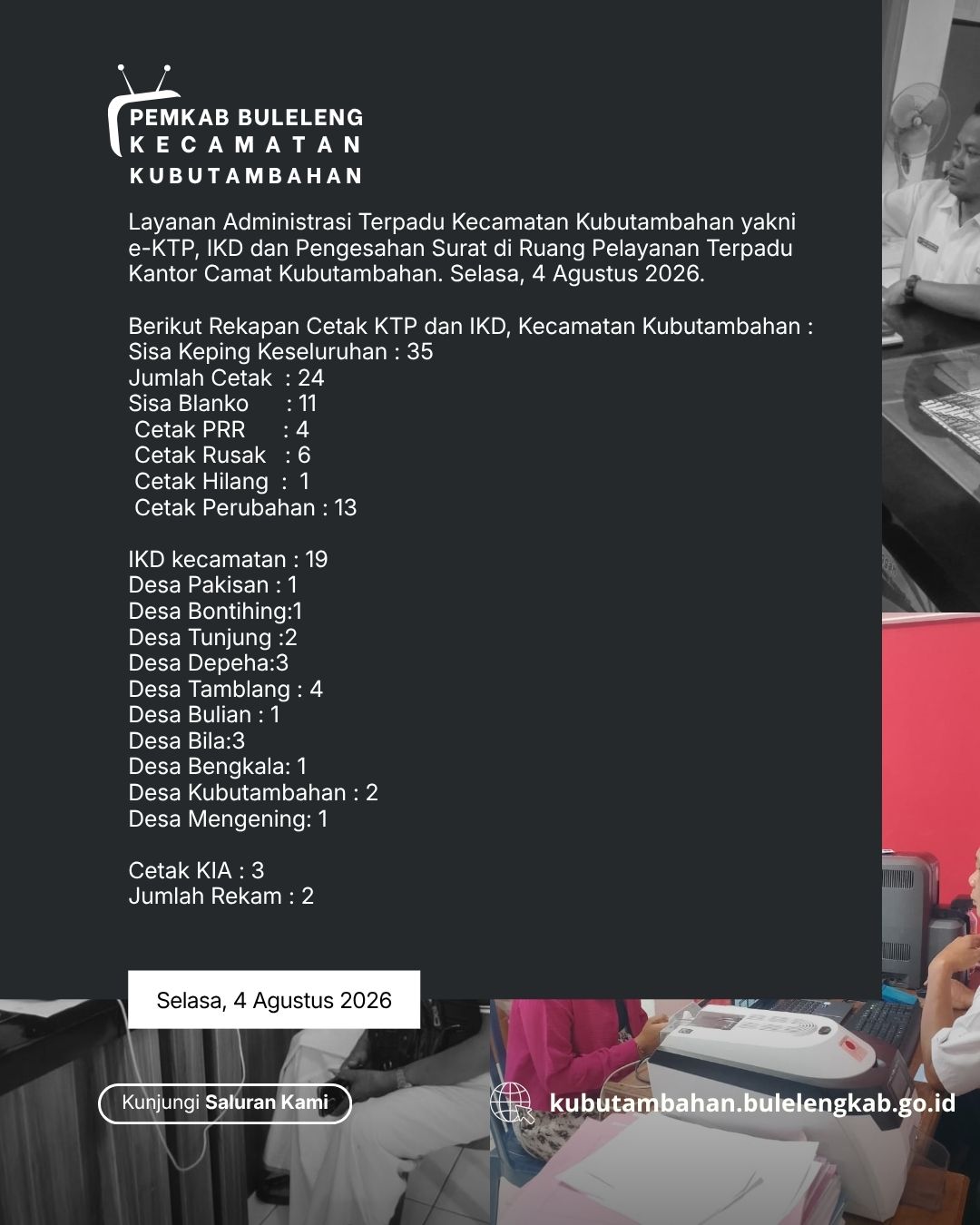Layanan Administrasi Terpadu Kecamatan Kubutambahan yakni e-KTP, IKD dan Pengesahan Surat Edisi 4 Agustus 2026
