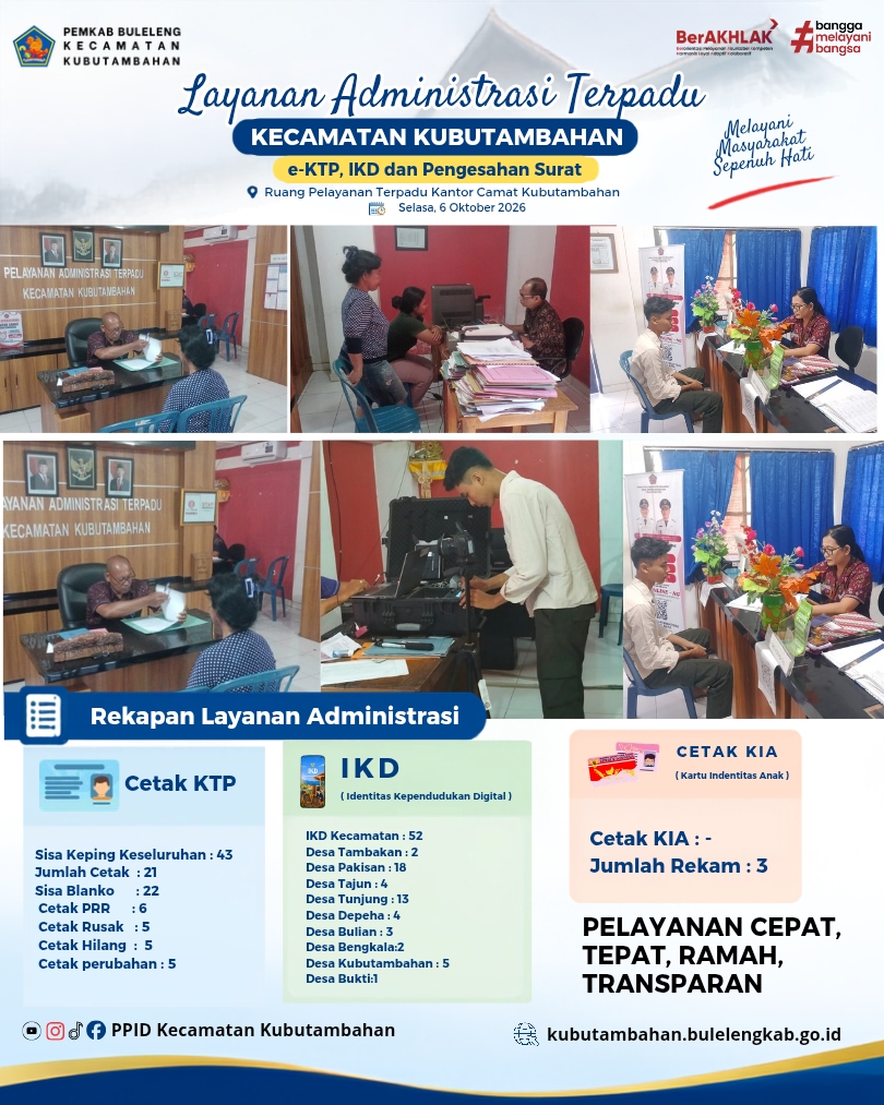Layanan Administrasi Terpadu Kecamatan Kubutambahan yakni e-KTP, IKD dan Pengesahan Surat Edisi 6 Oktober 2026