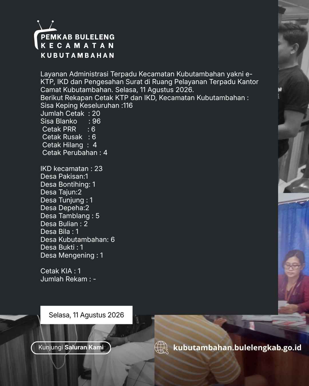 Layanan Administrasi Terpadu Kecamatan Kubutambahan yakni e-KTP, IKD dan Pengesahan Surat Edisi 11 Agustus 2026