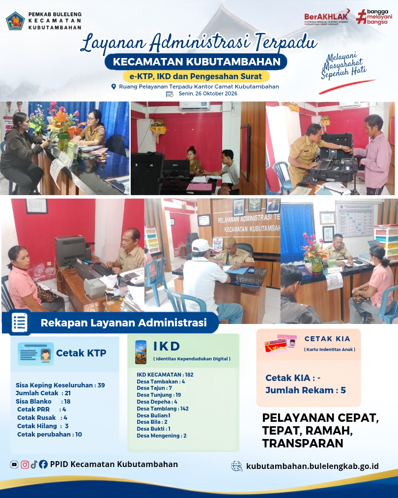 Layanan Administrasi Terpadu Kecamatan Kubutambahan yakni e-KTP, IKD dan Pengesahan Surat Edisi 26 Oktober 2026