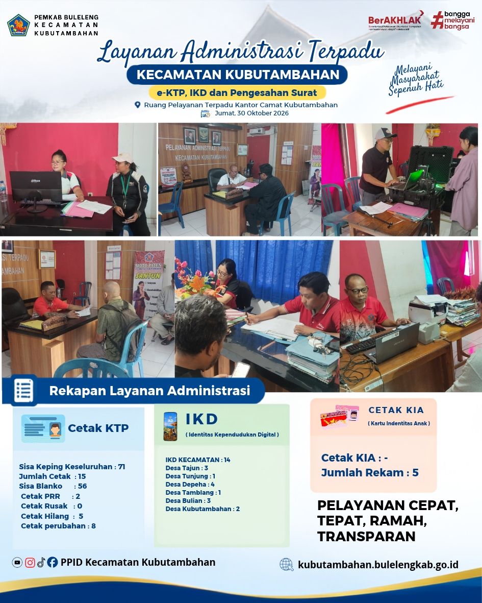 Layanan Administrasi Terpadu Kecamatan Kubutambahan yakni e-KTP, IKD dan Pengesahan Surat Edisi 30 Oktober 2026