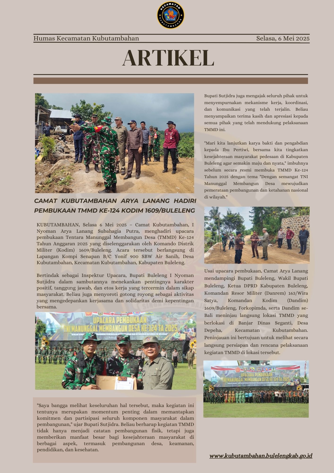 Camat Kubutambahan Arya Lanang Hadiri Pembukaan TMMD Ke-124 Kodim 1609/Buleleng