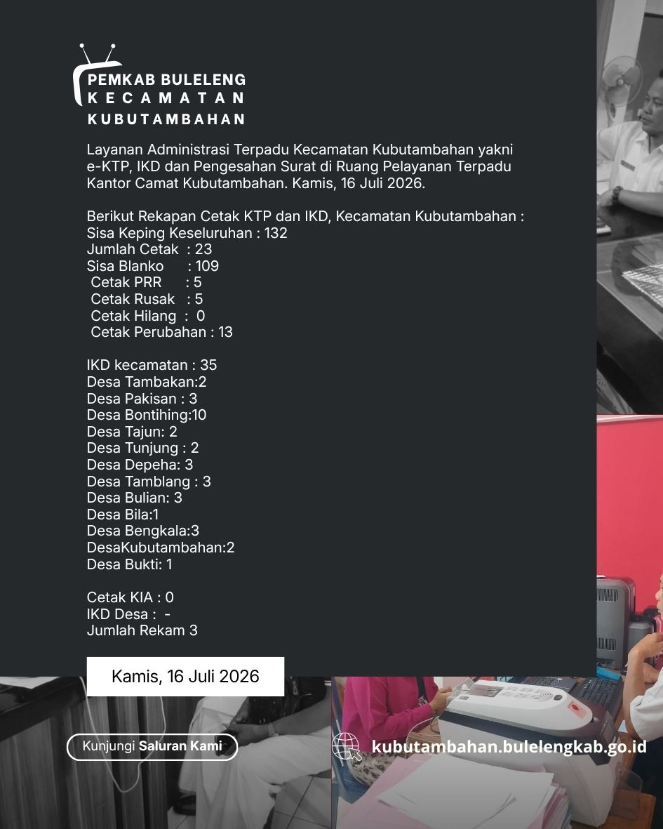 Layanan Administrasi Terpadu Kecamatan Kubutambahan yakni e-KTP, IKD dan Pengesahan Surat Edisi 16 Juli 2026