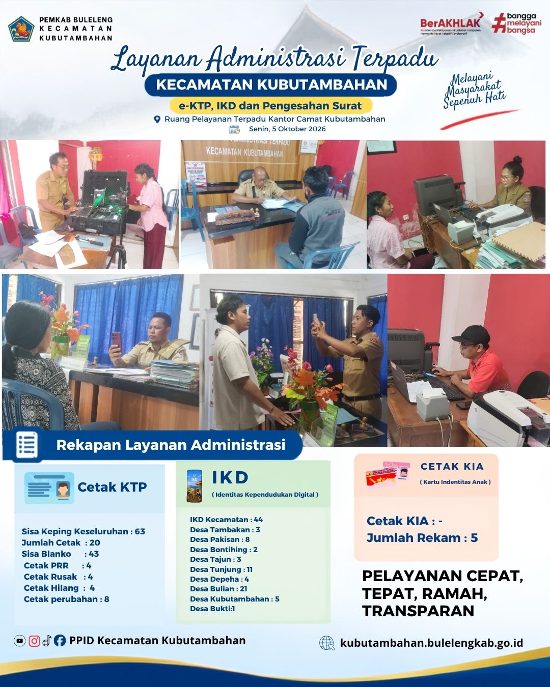 Layanan Administrasi Terpadu Kecamatan Kubutambahan yakni e-KTP, IKD dan Pengesahan Surat Edisi 5 Oktober 2026