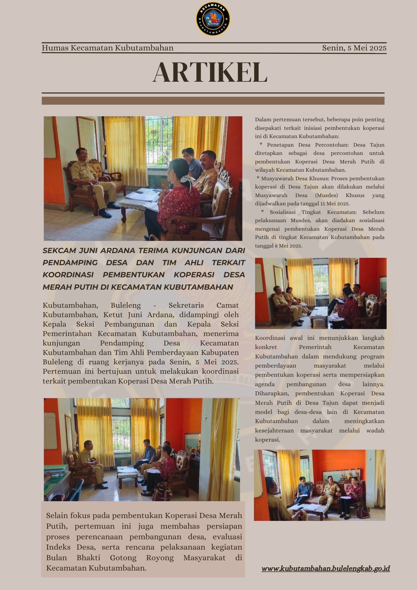 Sekcam Juni Ardana Terima Kunjungan Dari Pendamping Desa dan Tim Ahli Terkait Koordinasi Pembentukan Koperasi Desa Merah Putih di Kecamatan Kubutambahan