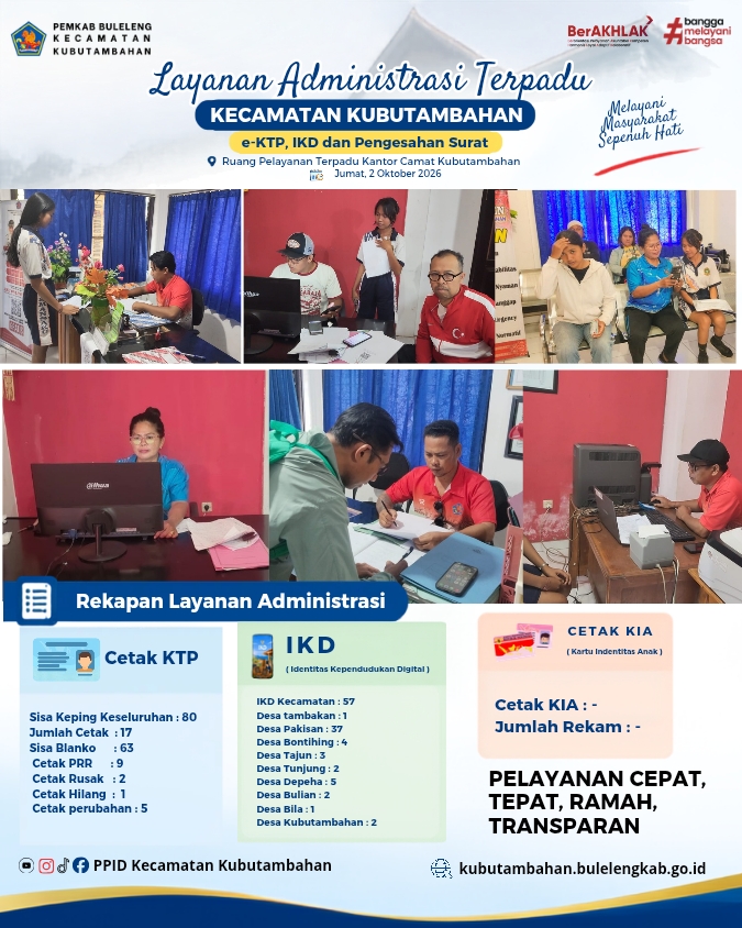 Layanan Administrasi Terpadu Kecamatan Kubutambahan yakni e-KTP, IKD dan Pengesahan Surat Edisi 2 Oktober 2026
