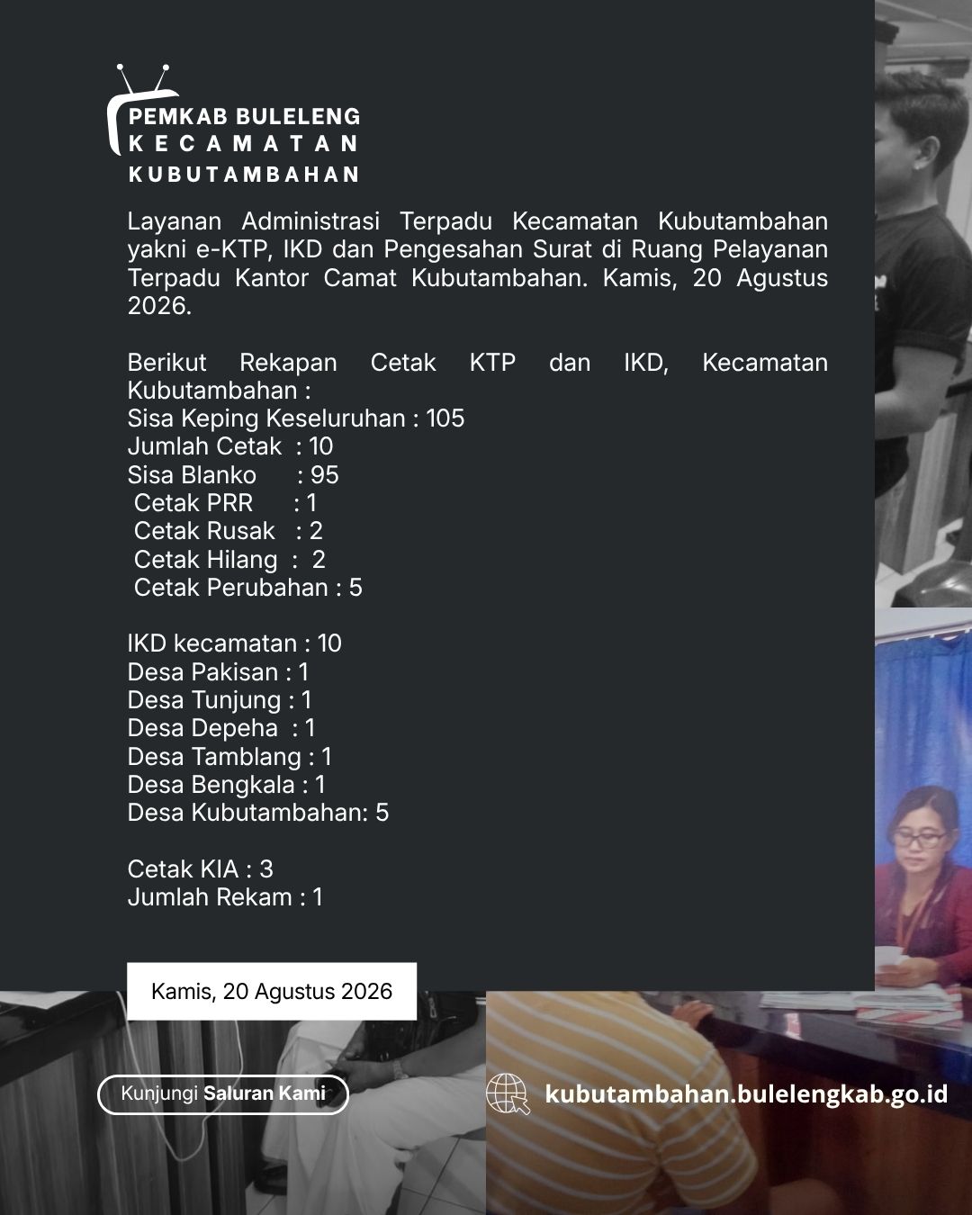 Layanan Administrasi Terpadu Kecamatan Kubutambahan yakni e-KTP, IKD dan Pengesahan Surat Edisi 20 Agustus 2026