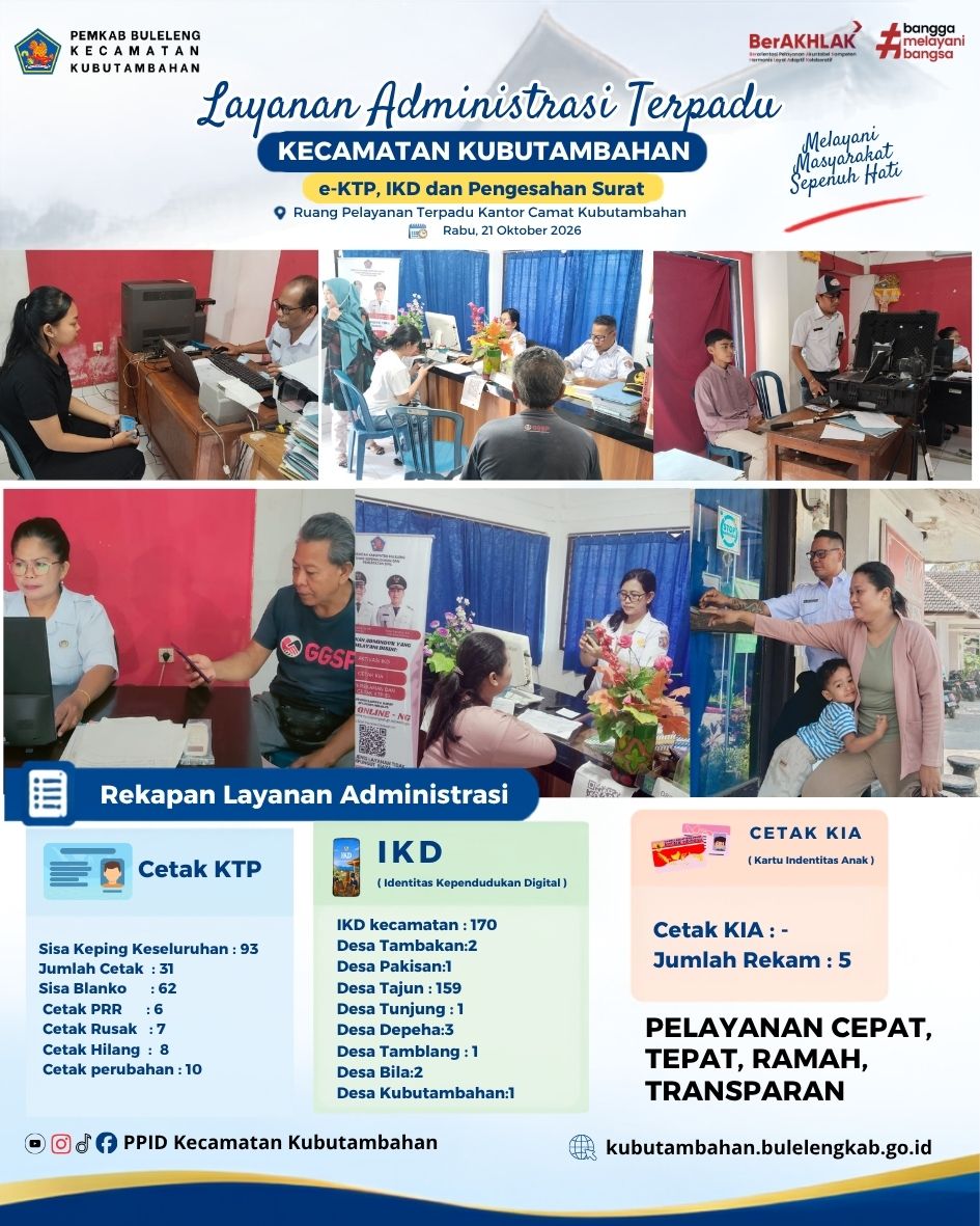 Layanan Administrasi Terpadu Kecamatan Kubutambahan yakni e-KTP, IKD dan Pengesahan Surat Edisi 21 Oktober 2026