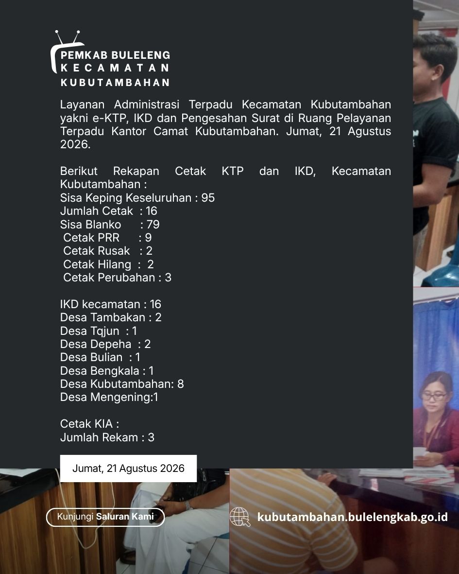 Layanan Administrasi Terpadu Kecamatan Kubutambahan yakni e-KTP, IKD dan Pengesahan Surat Edisi 21 Agustus 2026