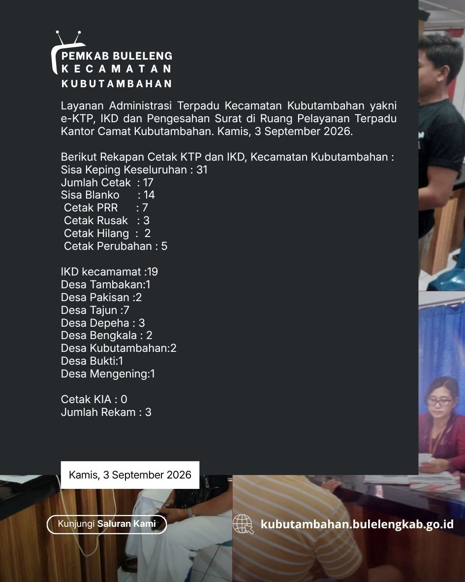 Layanan Administrasi Terpadu Kecamatan Kubutambahan yakni e-KTP, IKD dan Pengesahan Surat Edisi 3 September 2026