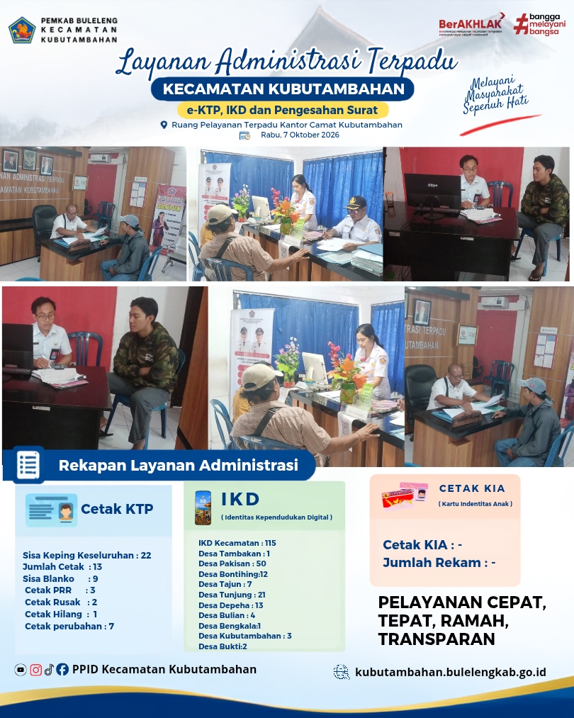 Layanan Administrasi Terpadu Kecamatan Kubutambahan yakni e-KTP, IKD dan Pengesahan Surat Edisi 7 Oktober 2026