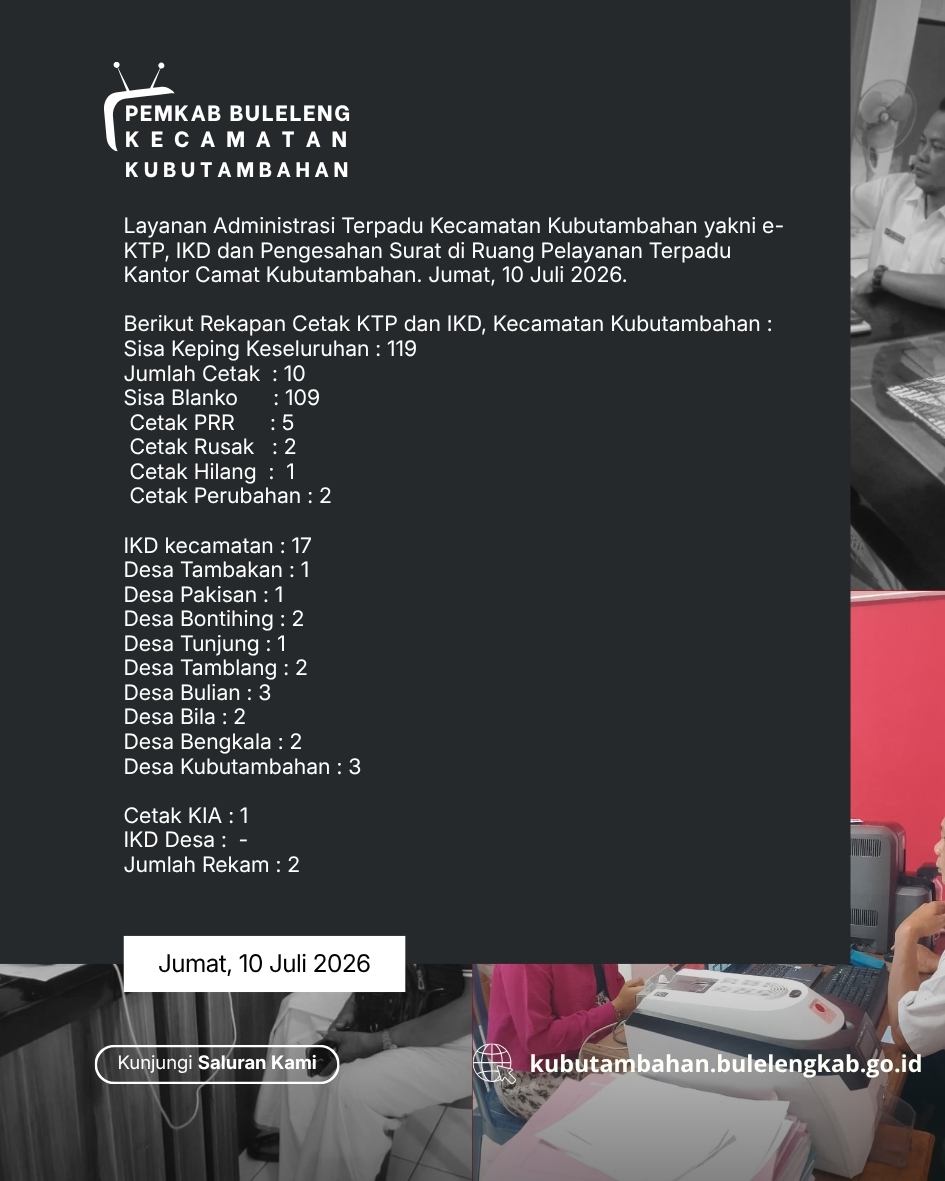 Layanan Administrasi Terpadu Kecamatan Kubutambahan yakni e-KTP, IKD dan Pengesahan Surat Edisi 10 Juli 2026