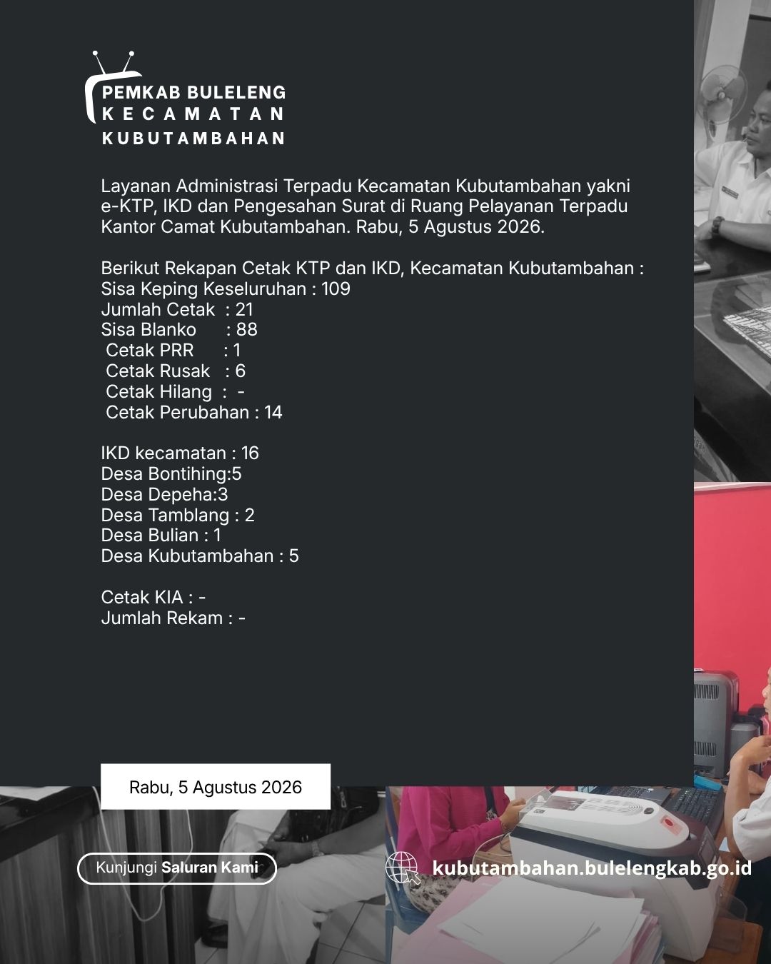 Layanan Administrasi Terpadu Kecamatan Kubutambahan yakni e-KTP, IKD dan Pengesahan Surat Edisi 5 Agustus 2026