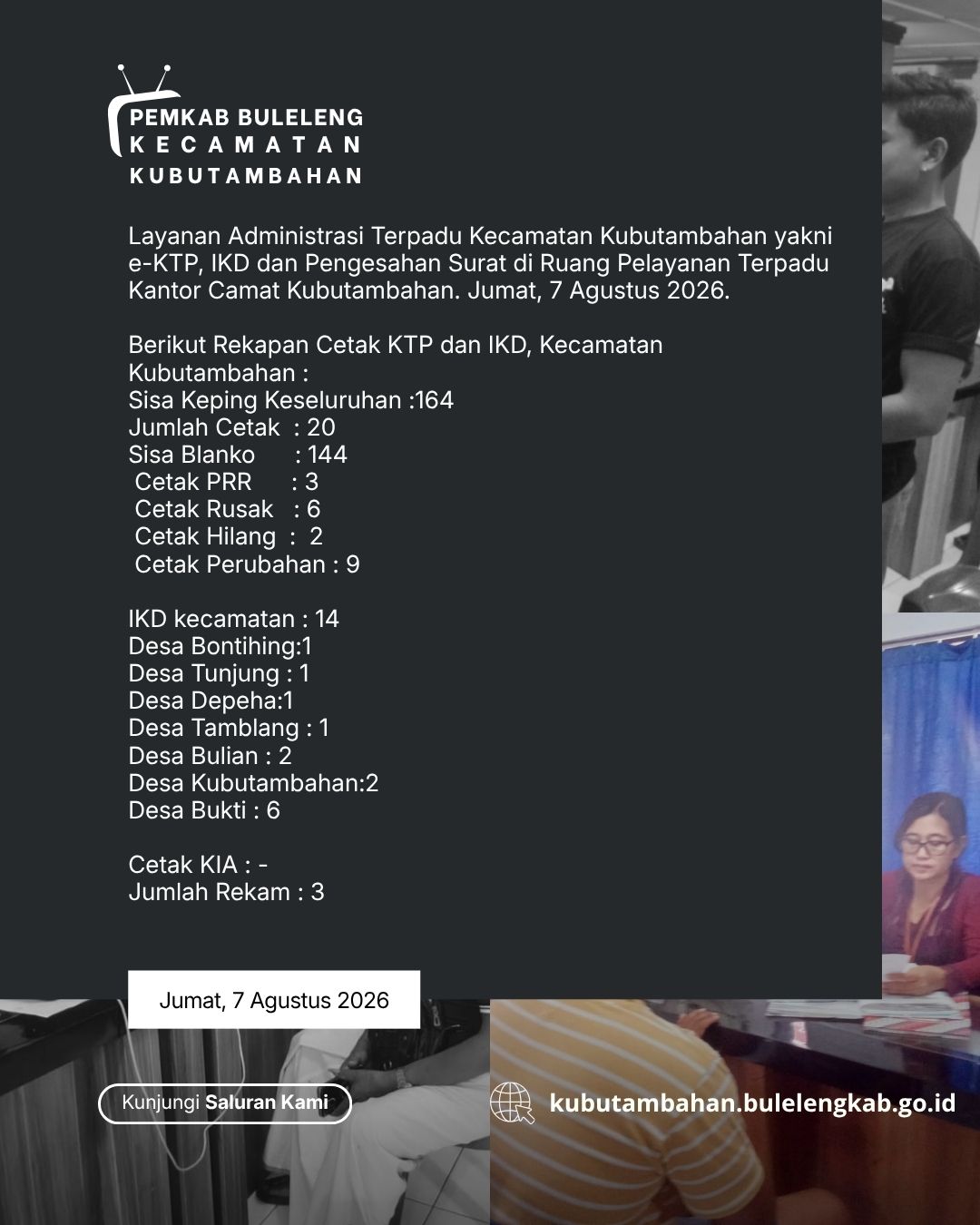 Layanan Administrasi Terpadu Kecamatan Kubutambahan yakni e-KTP, IKD dan Pengesahan Surat Edisi 7 Agustus 2026