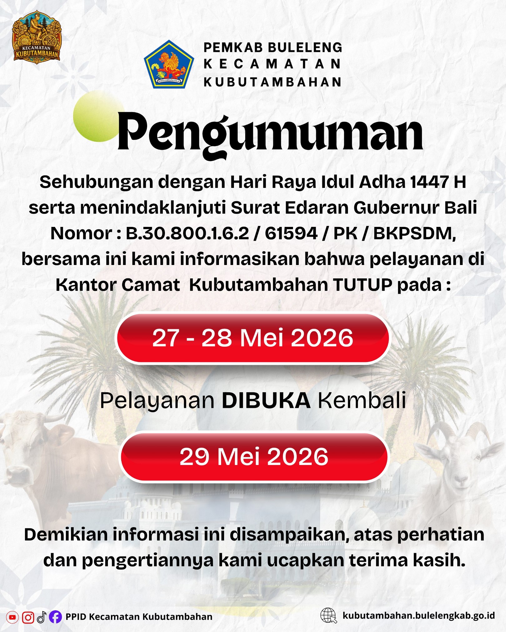 PENGUMUMAN LIBUR DAN CUTI BERSAMA IDUL ADHA 1447