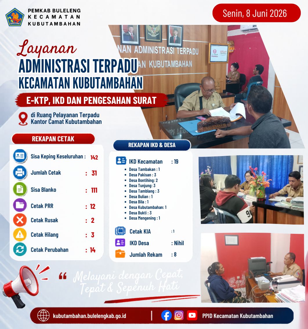 Layanan Administrasi Terpadu Kecamatan Kubutambahan yakni e-KTP, IKD dan Pengesahan Surat Edisi 8 Juni 2026