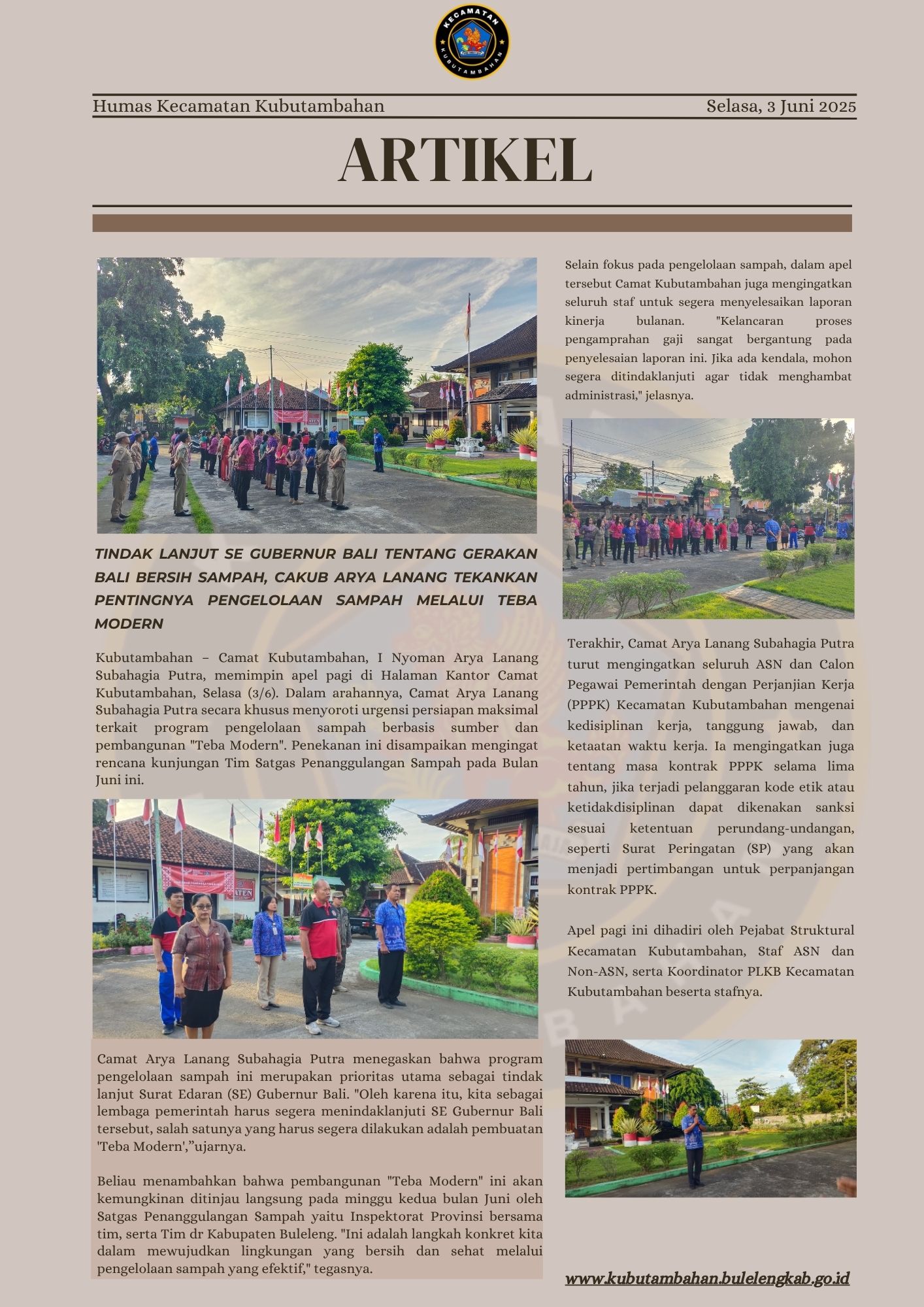 Tindak Lanjut SE Gubernur Bali tentang Gerakan Bali Bersih Sampah, Cakub Arya Lanang Tekankan Pentingnya pengelolaan sampah melalui Teba Modern