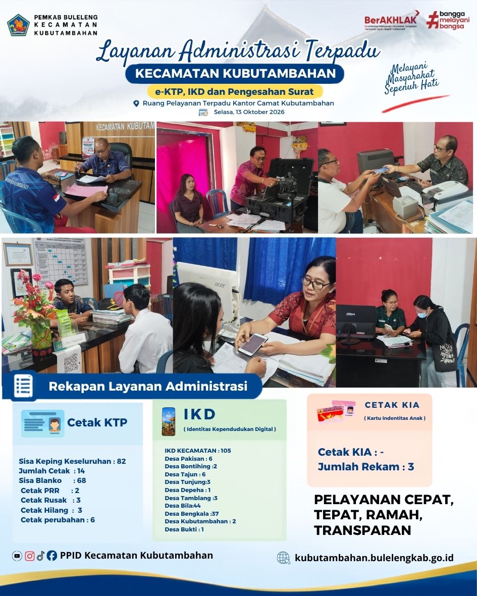 Layanan Administrasi Terpadu Kecamatan Kubutambahan yakni e-KTP, IKD dan Pengesahan Surat Edisi 13 Oktober 2026