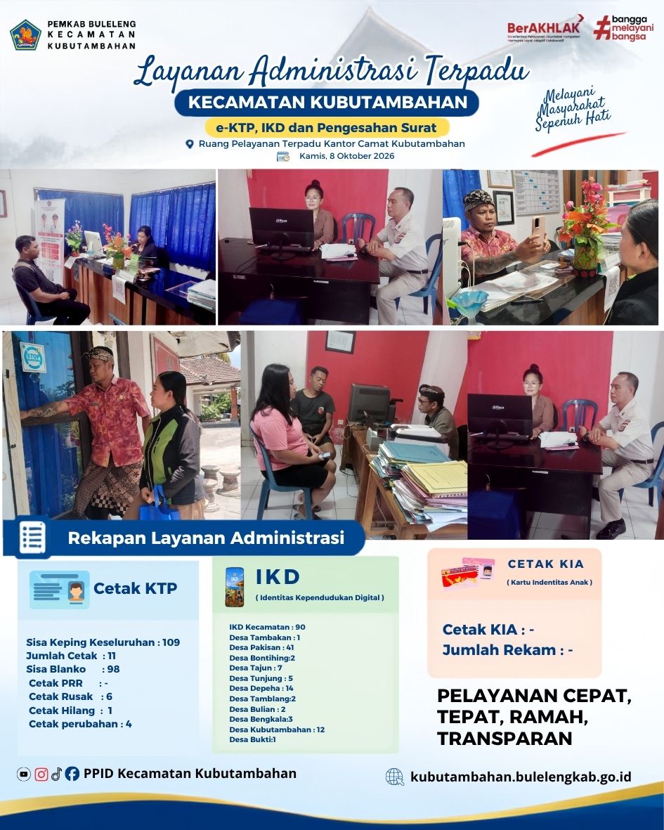 Layanan Administrasi Terpadu Kecamatan Kubutambahan yakni e-KTP, IKD dan Pengesahan Surat Edisi 8 Oktober 2026