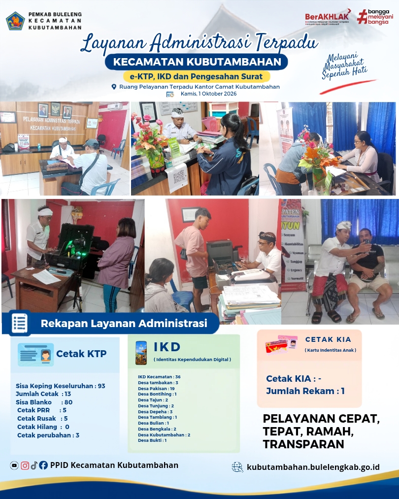 Layanan Administrasi Terpadu Kecamatan Kubutambahan yakni e-KTP, IKD dan Pengesahan Surat Edisi 1 Oktober 2026